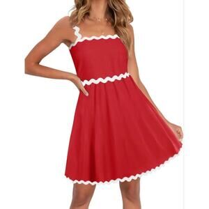 Merokeety Size Large White Trim Scalloped Ribbon Red Mini Dress